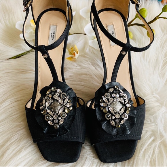 PRADA Black Satin Jewel T strap High Heels Sz 40 - Picture 2 of 8